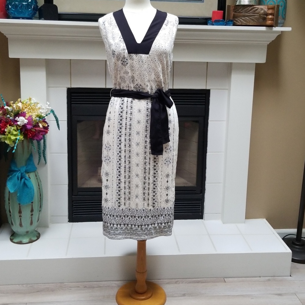 Anthropologie Cream and Black Patterned Sleeveless Belted Dress